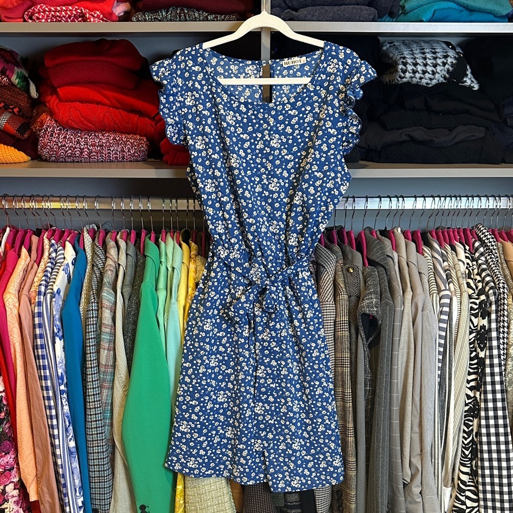 Huhot blue/white floral sleeveless belted elastic waistband dress size L